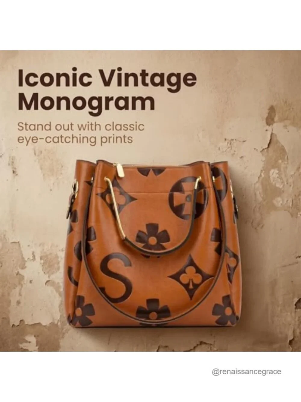 Women's Retro Monogram Crossbody Bag Faux Leather Drawstring Top-Handle Satchel